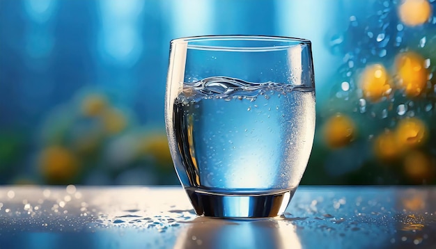 Un bicchiere d'acqua e gocce sul tavolo Bevanda minerale rinfrescante Toni blu Bokeh sfocato