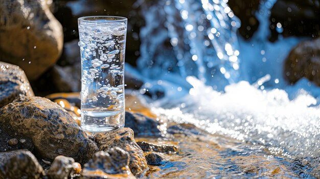 Un bicchiere d'acqua è seduto su una roccia accanto a un ruscello