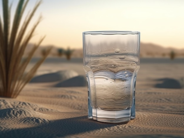 Un bicchiere d'acqua nel deserto con sopra la parola acqua