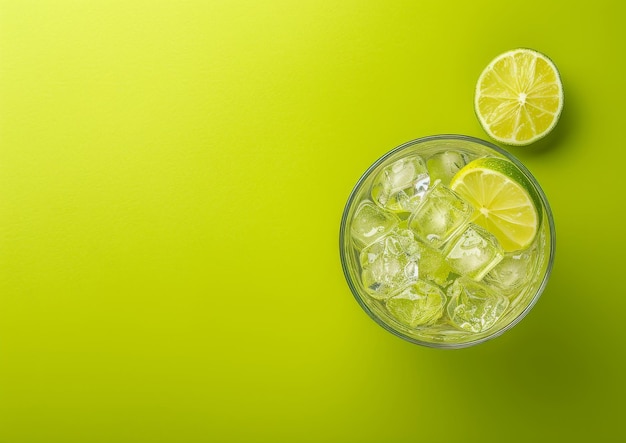 Un bicchiere d'acqua rinfrescante con ghiaccio e limoni su uno sfondo verde