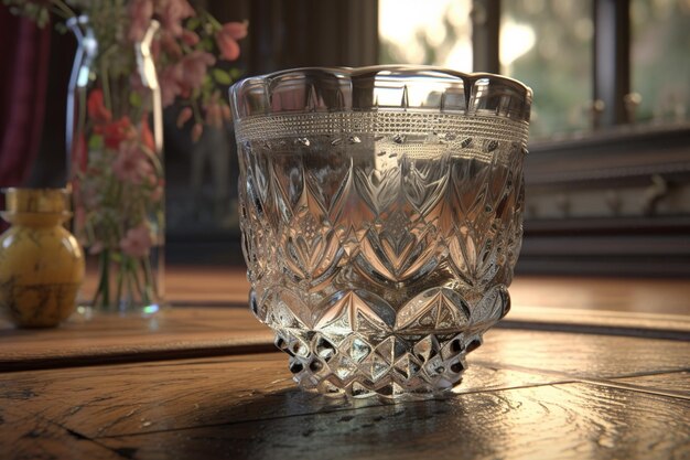 Un bicchiere d'acqua si trova su un tavolo con fiori sullo sfondo.