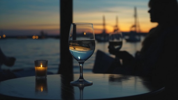 Un bicchiere d'acqua si trova su un tavolo con un tramonto sullo sfondo.