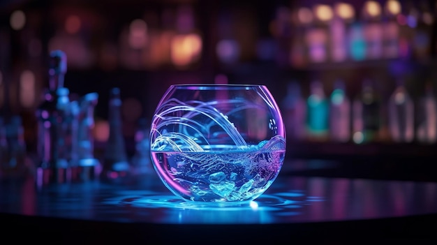 Un bicchiere d'acqua si trova sul bancone di un bar con una luce blu dietro.