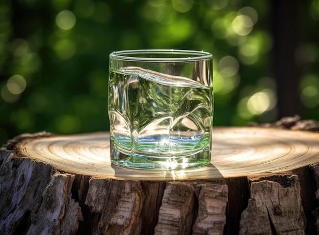 Un bicchiere d'acqua su una pietra ricoperta di muschio Lo sfondo della foresta è la luce del sole offuscata