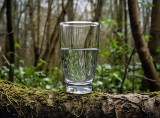 Un bicchiere d'acqua su una pietra ricoperta di muschio Lo sfondo della foresta è la luce del sole offuscata