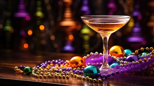 Un bicchiere da cocktail in mezzo a perle di Mardi Gras su uno sfondo festivo