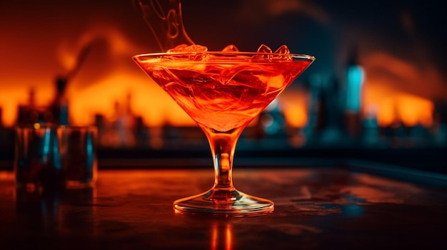 Un bicchiere da cocktail rosso con cubetti di ghiaccio e un cocktail rosso davanti a un bar.