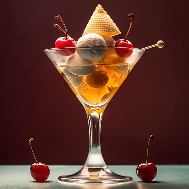 Un bicchiere da martini con gelato e ciliegina sulla torta.