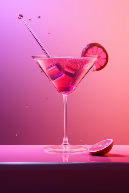 Un bicchiere da martini con un liquido rosa e una fetta d'arancia.