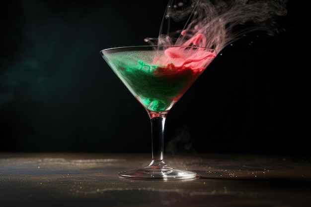 Un bicchiere da martini con un liquido rosso e verde che viene versato al suo interno.