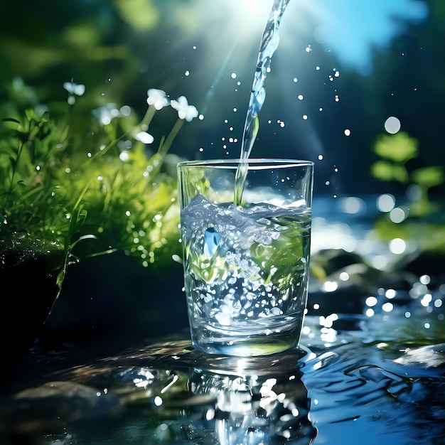 Un bicchiere di acqua cristallina con spruzzi sullo sfondo della natura nelle montagne