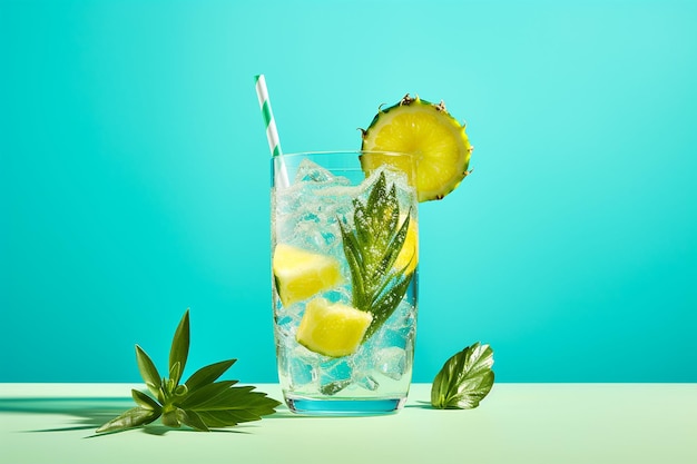 Un bicchiere di acqua frizzante con ananas e fette di limone