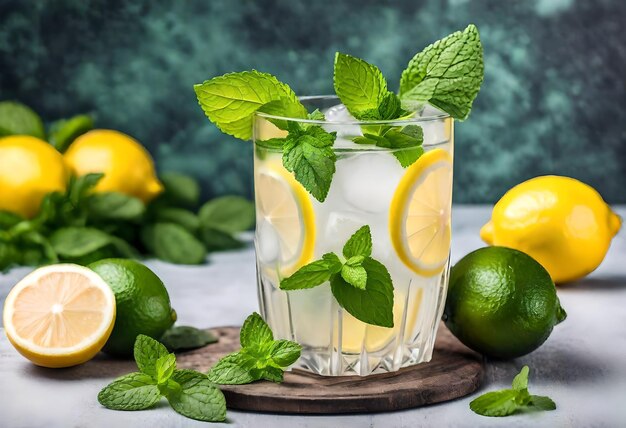 un bicchiere di acqua ghiacciata con fette di limone e foglie di menta