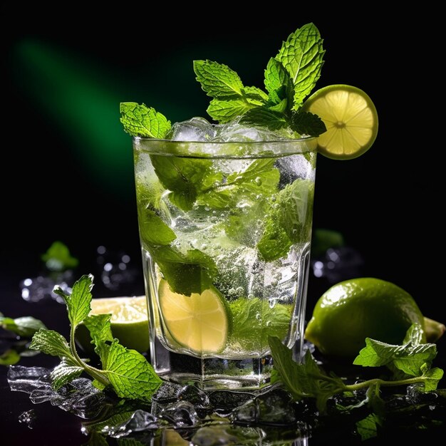 un bicchiere di acqua ghiacciata con lime e lime.