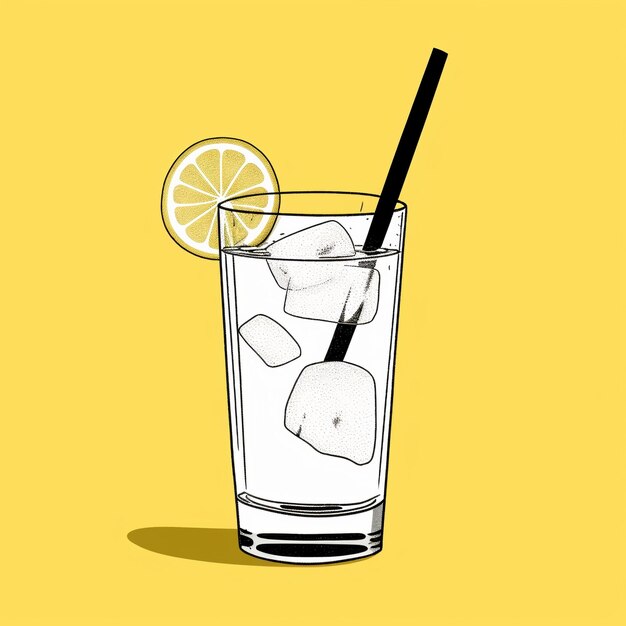 Un bicchiere di acqua ghiacciata con sopra una cannuccia e una fetta di limone.
