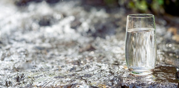 Un bicchiere di acqua potabile trasparente pulita in un bicchiere trasparente su una pietra in una foresta verde vicino...