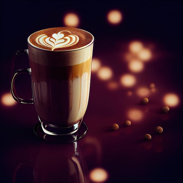 Un bicchiere di appetitoso latte speziato su uno sfondo sfocato festivo con effetti di luce bokeh Illustrazione 3D Rendering ai