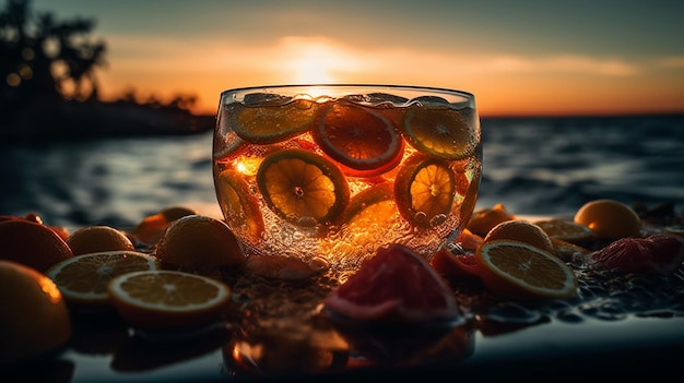 Un bicchiere di arance e limoni si trova su un tavolo con un tramonto sullo sfondo.