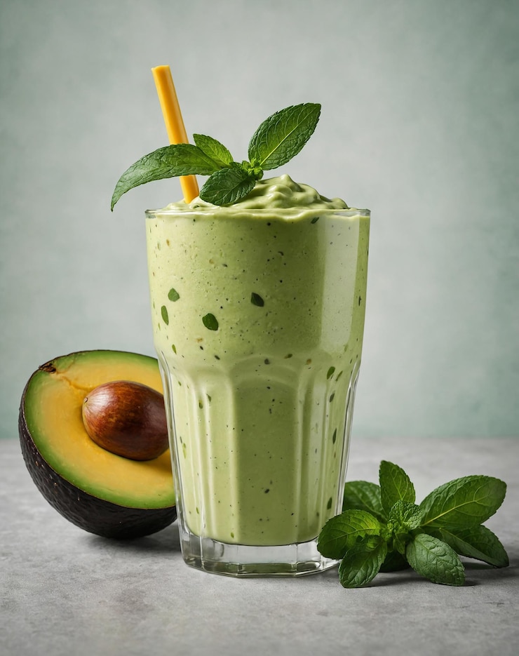 Foto un bicchiere di avocado accanto ad un avocado e un avocado