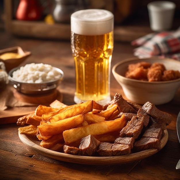 Un bicchiere di birra accanto a un piatto di bistecche e patatine fritte