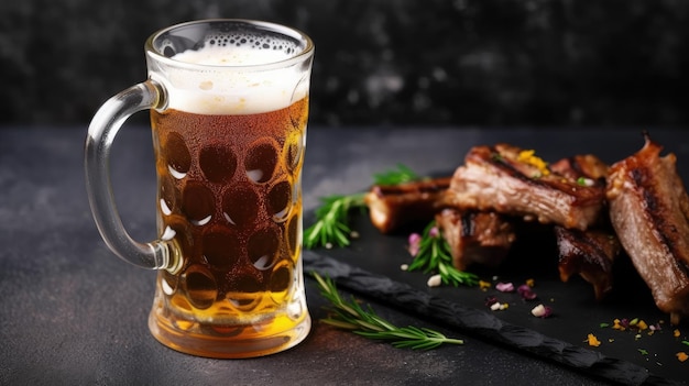 Un bicchiere di birra accanto a un piatto di costolette.
