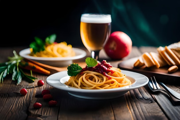 un bicchiere di birra accanto a un piatto di spaghetti e un piato di pasta.