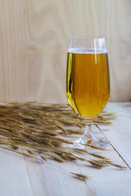 Un bicchiere di birra chiara con le spighe di grano