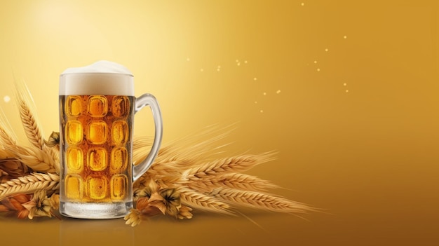 un bicchiere di birra con grano su sfondo giallo 1