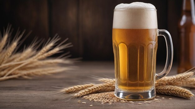 Un bicchiere di birra con grano su uno sfondo di legno