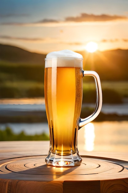 Un bicchiere di birra con il sole che tramonta alle spalle