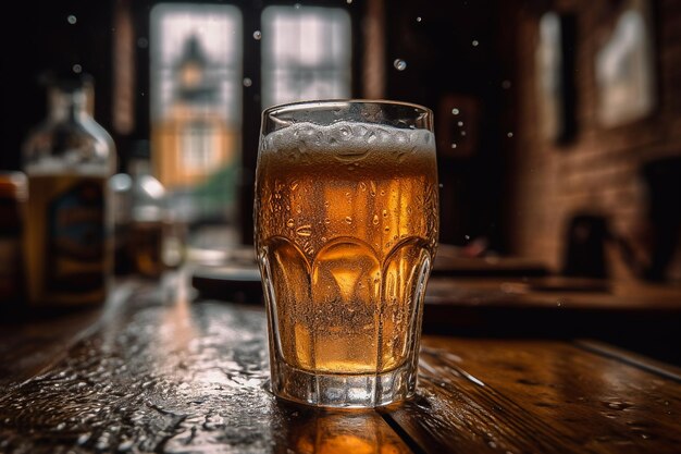 Un bicchiere di birra con lo sfondo di un edificio sullo sfondo