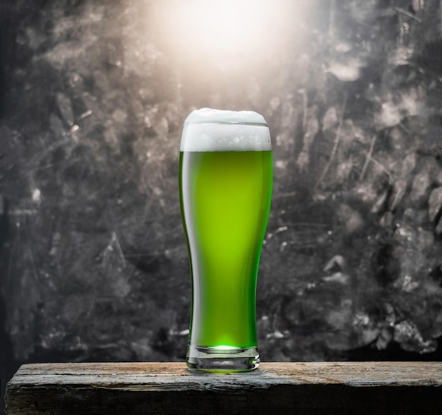 un bicchiere di birra con un liquido verde dentro