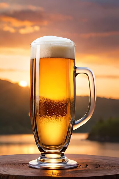 Un bicchiere di birra con un tramonto sullo sfondo