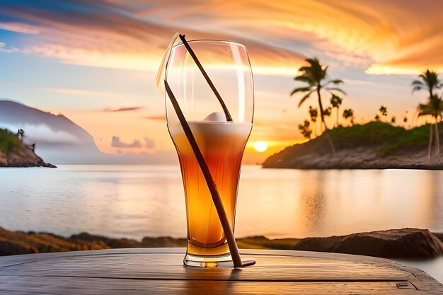 un bicchiere di birra con una cannuccia in primo piano e un tramonto sullo sfondo.