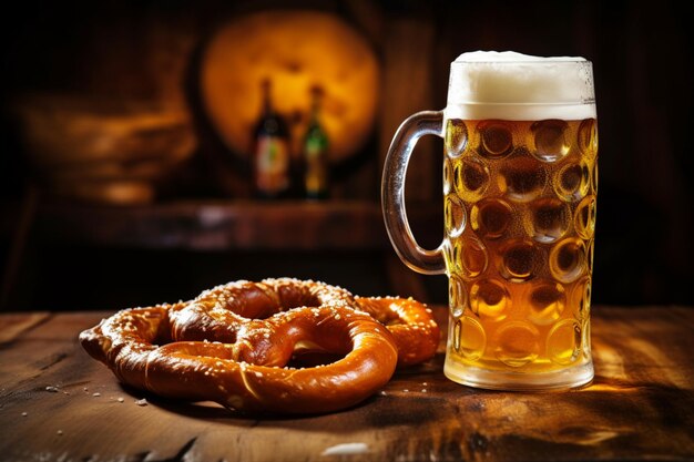 Un bicchiere di birra con una ciambellina salata su un tavolo di legno Oktoberfest