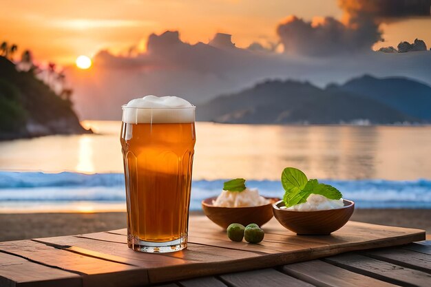 un bicchiere di birra con una vista del tramonto sullo sfondo
