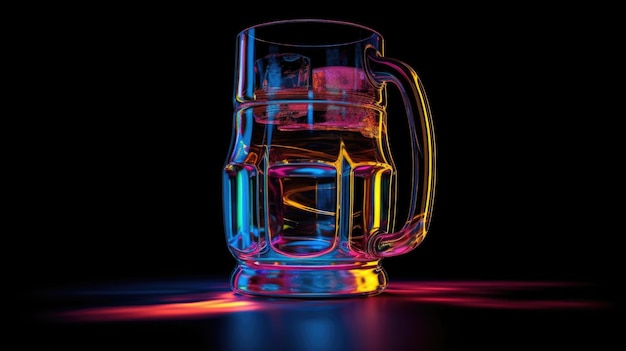 Un bicchiere di birra è illuminato con colori al neon.