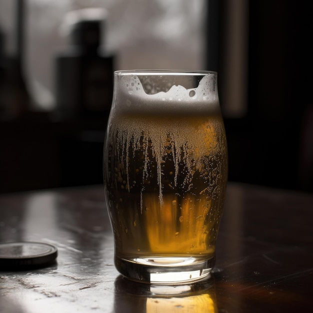 Un bicchiere di birra è su un tavolo con sopra un sottobicchiere.