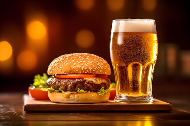 Un bicchiere di birra e un hamburger su un tavolo con luci sullo sfondo