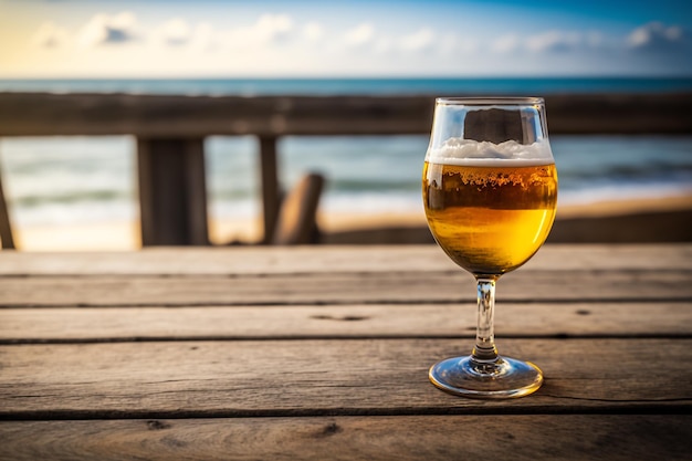 Un bicchiere di birra in vetro su un tavolo di legno sullo sfondo sfocato del mare IA generativa