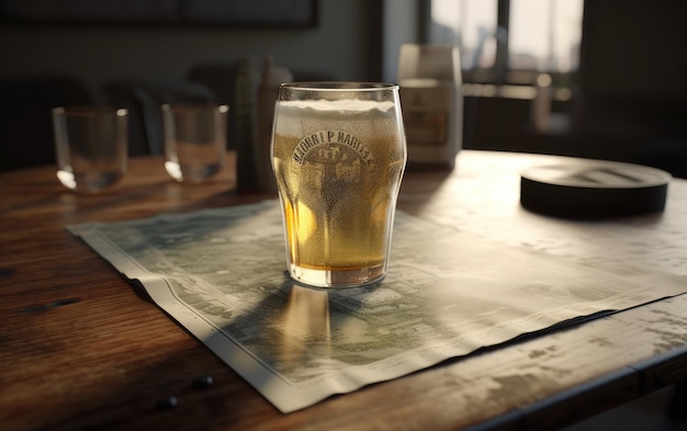 Un bicchiere di birra lager su un tavolo in un bar o pub illustrazione di birra chiara fresca ai generato