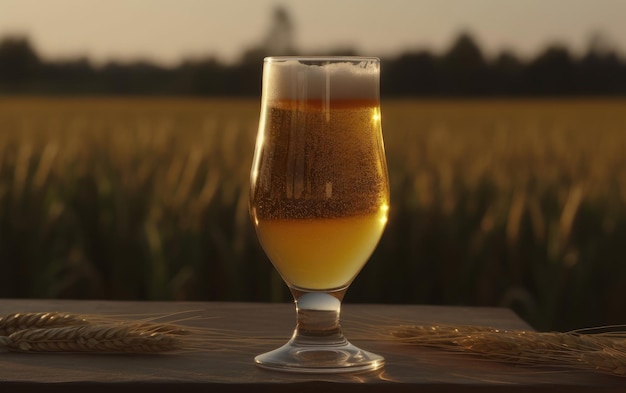 Un bicchiere di birra lager su un tavolo su uno sfondo di campo di grano luce birra illustrazione ai generato