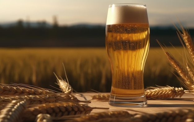 Un bicchiere di birra lager su un tavolo su uno sfondo di campo di grano luce birra illustrazione ai generato