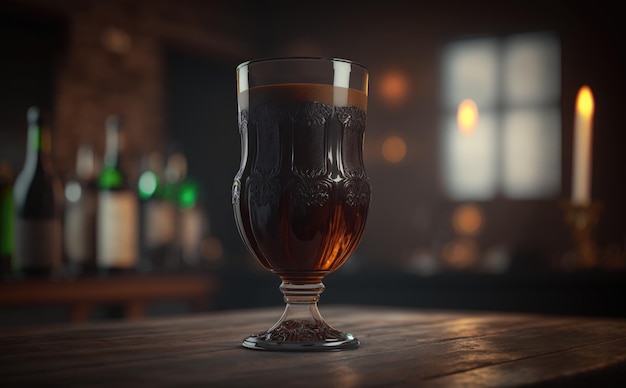 Un bicchiere di birra scura su un bancone bar. Sfondo pub. ai generato