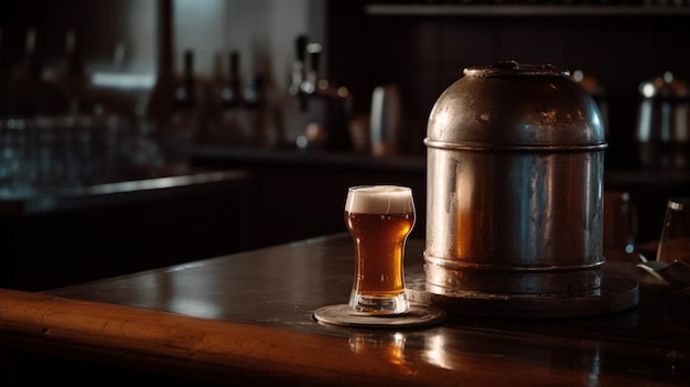 Un bicchiere di birra si trova sul bancone di un bar con sopra un secchio di birra.