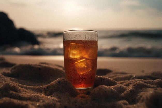 Un bicchiere di birra si trova sulla spiaggia con l'oceano sullo sfondo.