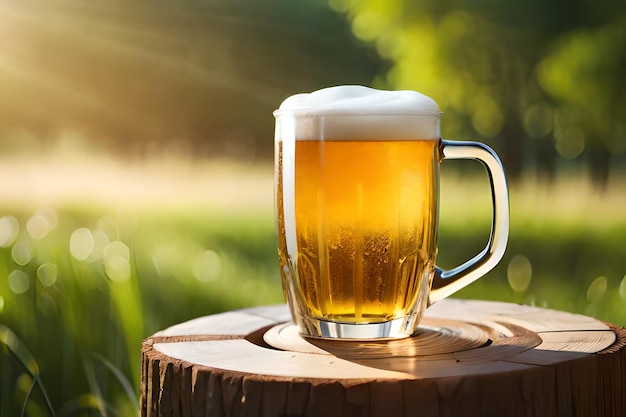 Un bicchiere di birra su un ceppo al sole