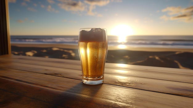 Un bicchiere di birra su un tavolo con un tramonto sullo sfondo