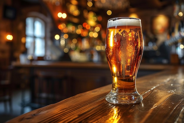 Un bicchiere di birra su un tavolo di legno in un pub generato dall'AI