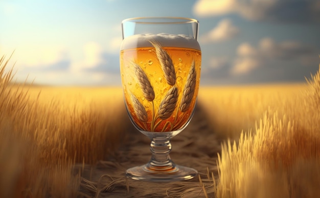 Un bicchiere di birra su un tavolo in un campo di grano. ai generato